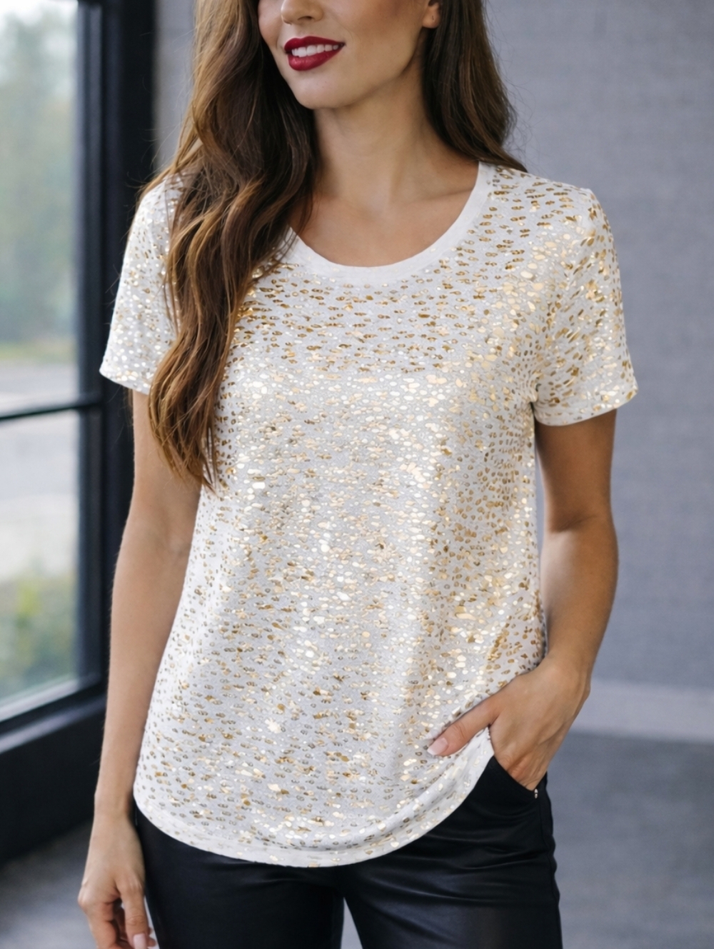 JM collection White with Metallic Gold Dots Top